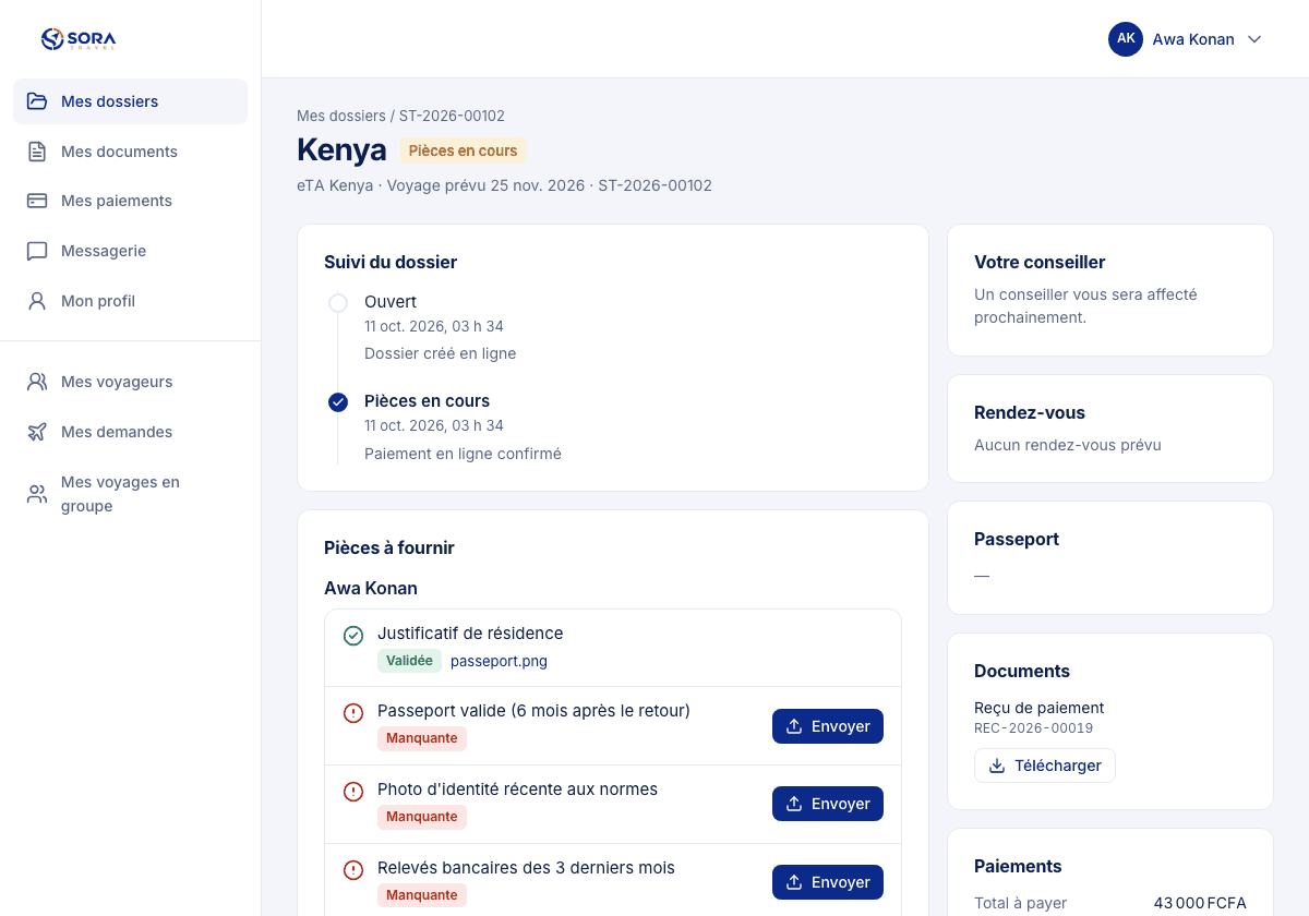 Aperçu d'un dossier dans l'espace client : timeline, checklist de pièces, paiements.
